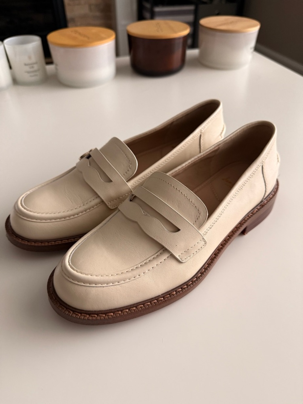 Sam Edelman Cream Leather Penny Loafers